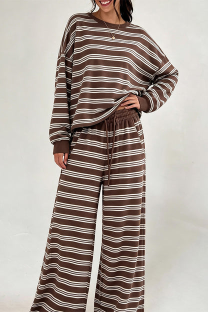 Brown Stripe Back Cutout Long Sleeve Top and Wide Leg Pants 2pcs Set