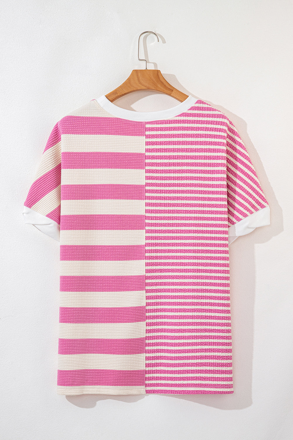 Pink Stripe Patchwork Textured Short Sleeve High Low Loose Top