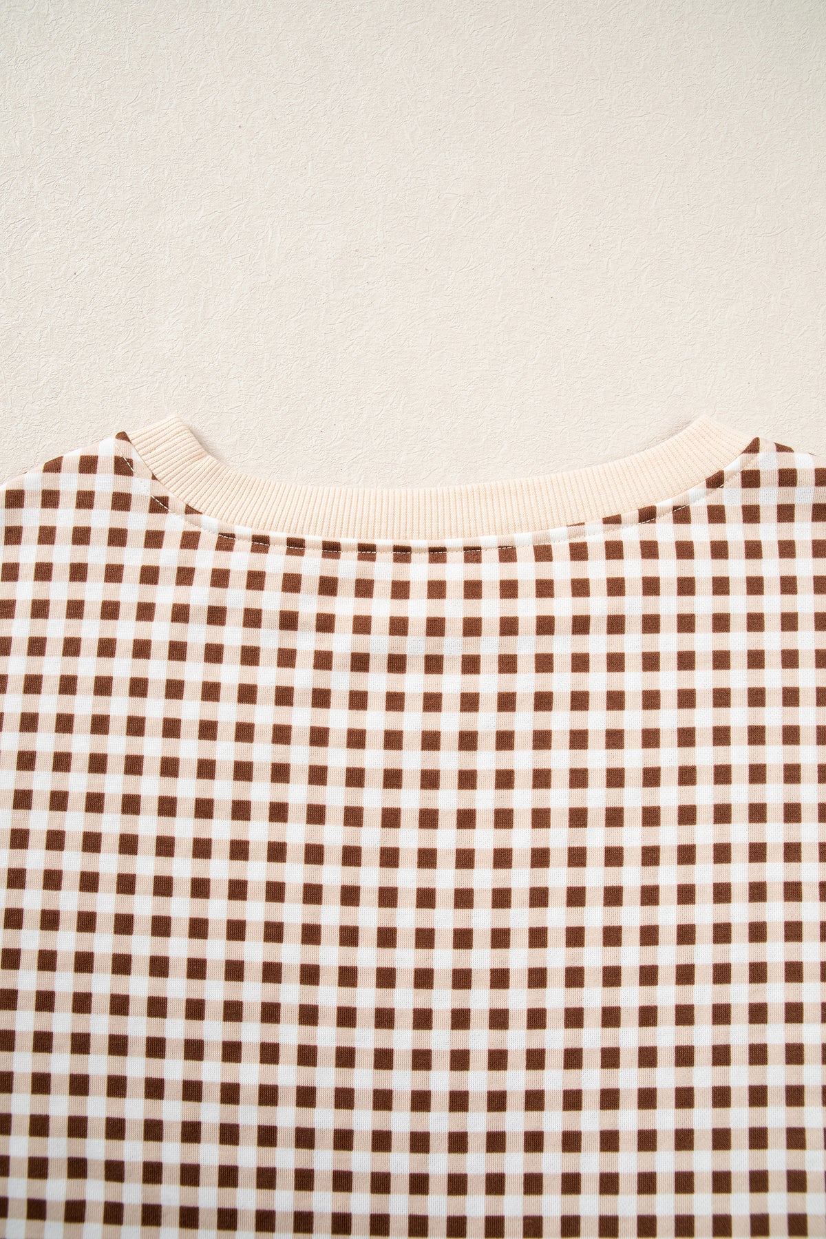 Brown Gingham Oversized Ribbed Trim Crew Neck Long Sleeve Top and Skort Set