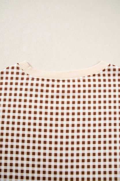Brown Gingham Oversized Ribbed Trim Crew Neck Long Sleeve Top and Skort Set