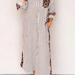 Brown Stripe Contrast Leopard Patchwork Long Shirt Dress with Slits