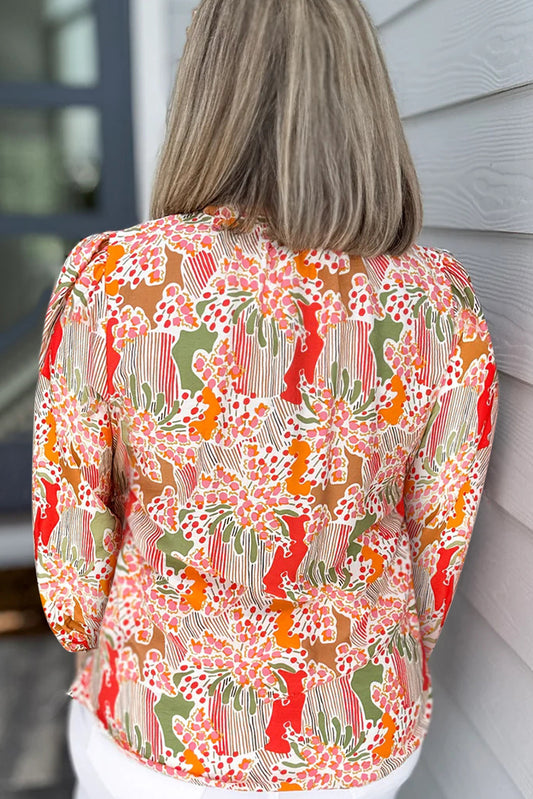 Orange Printed Floral Abstract Print Frilled V Neck Plus Size Blouse