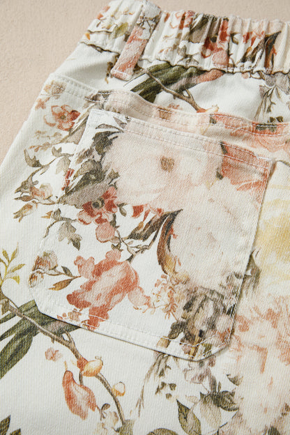 Beige Vintage Style Floral Print High Waist Wide Leg Jeans