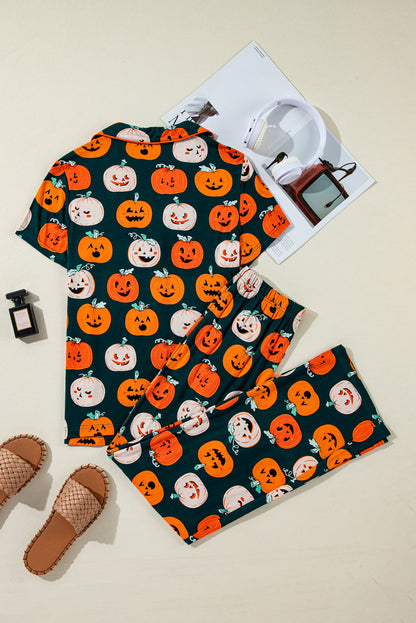 Ensemble pyjama chemise à manches courtes orange à motif Halloween