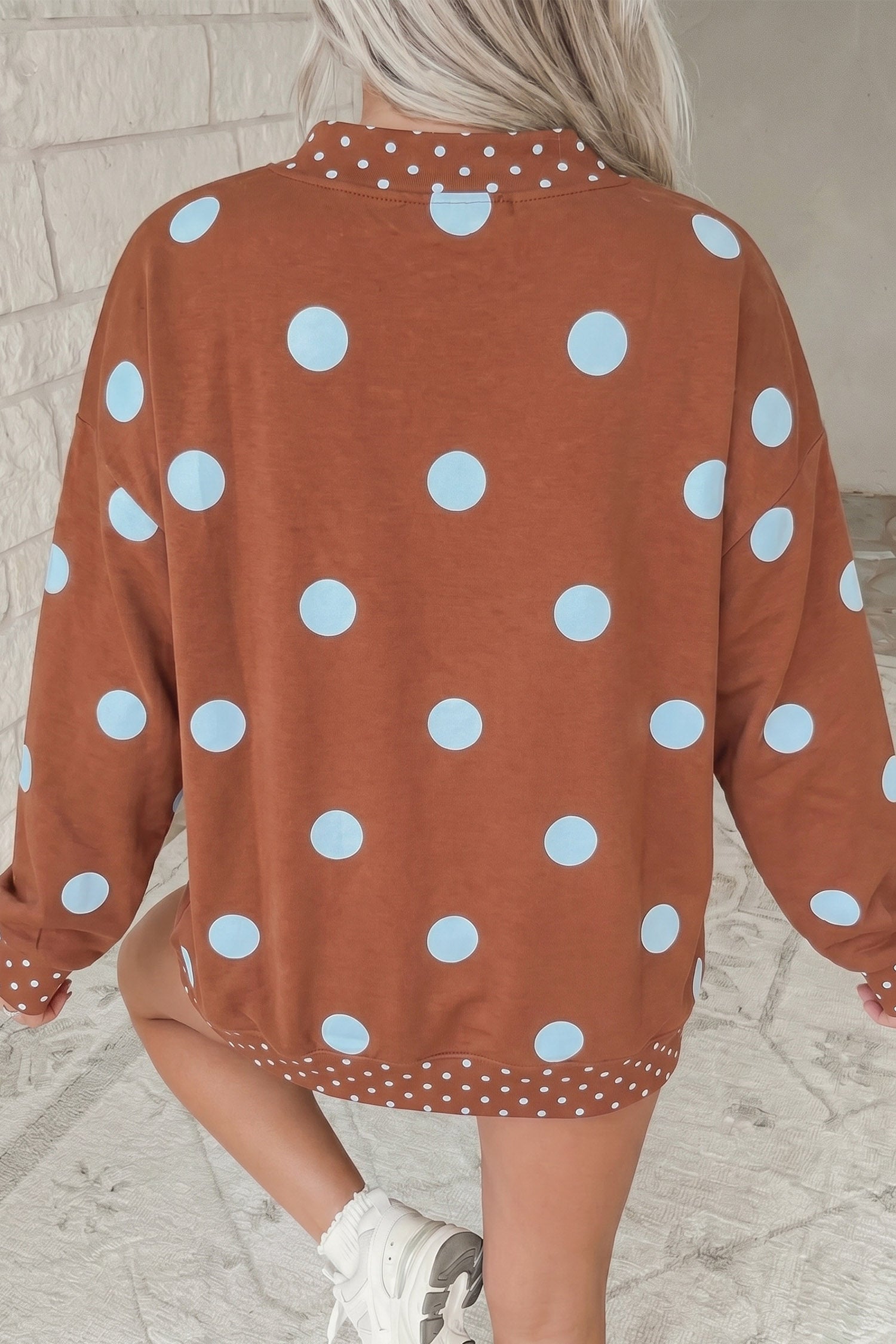 Brown Polka Dot Print Contrast Detail Oversized Tunic Sweatshirt