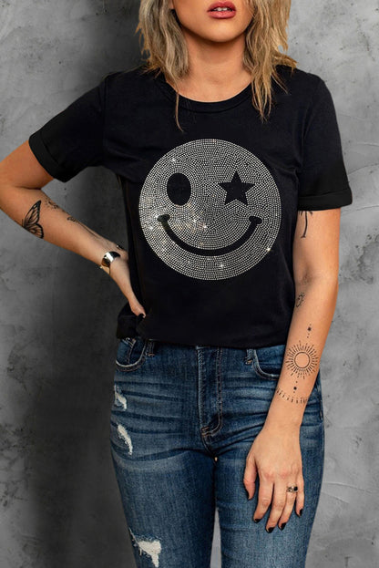 T-shirt noir à strass scintillants avec motif sourire