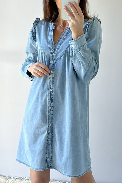 Robe droite en jean boutonnée à col en V et volants Myosotis