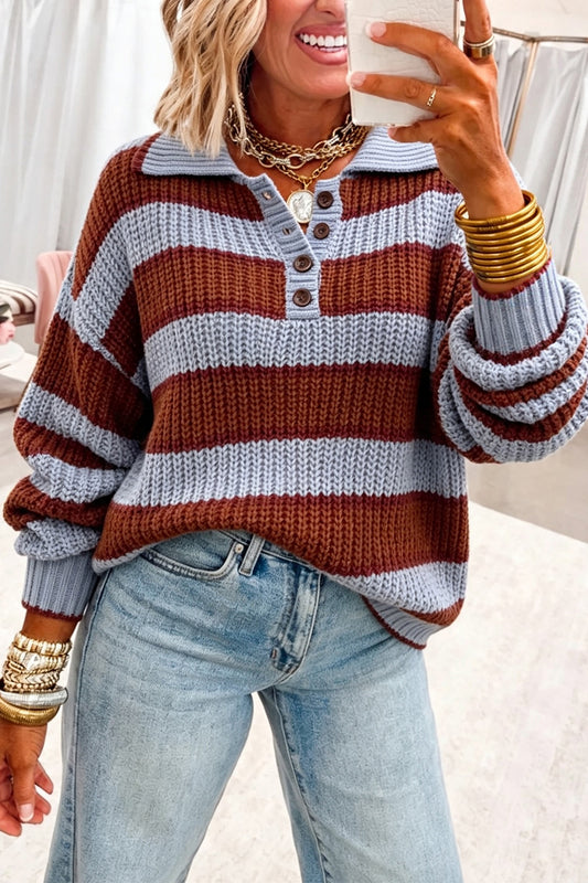 Red Dahlia Button Collar Dropped Shoulder Relaxed Pullover Sweater