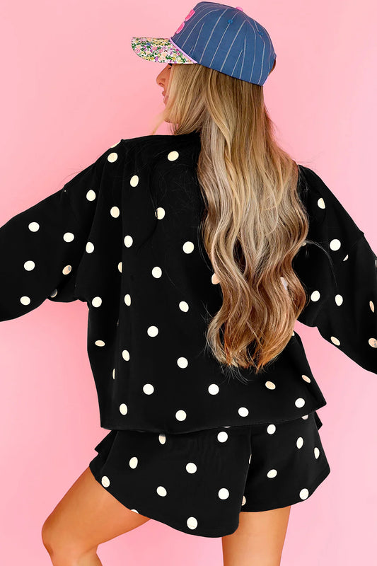 Black Polka Dot Raw Hem Relaxed Pullover Loose Skort Two Piece Set