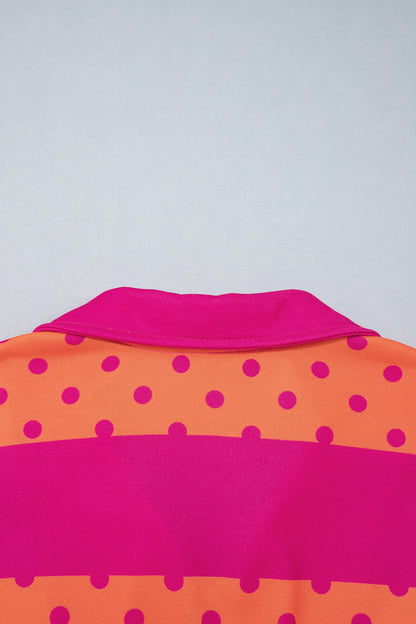 Pink Stripe Patchwork Polka Dot Accent Quarter Zip Long Sleeve Top