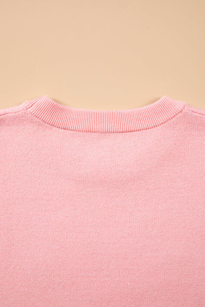 Gossamer Pink Drop Shoulder Round Neck Towel Embroidery Slogan Pullover Sweater