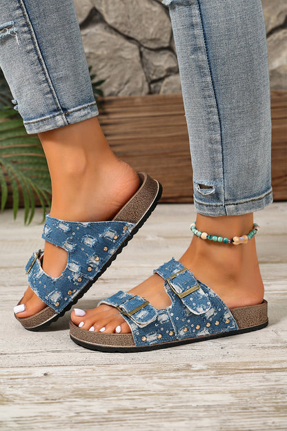 Sky Blue Denim Distressed Retro Buckle Straps Hollowed Faux Suede Slippers