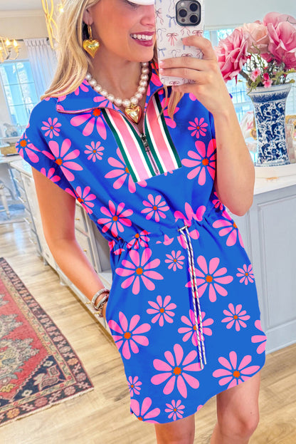Purple Floral Striped Quarter Zip Cap Sleeve Drawstring Waist Mini Dress