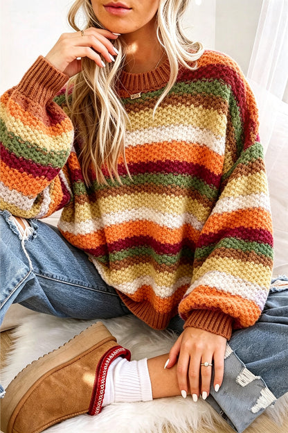 Camel Rainbow Striped Knit Round Neck Puff Sleeve Sweater