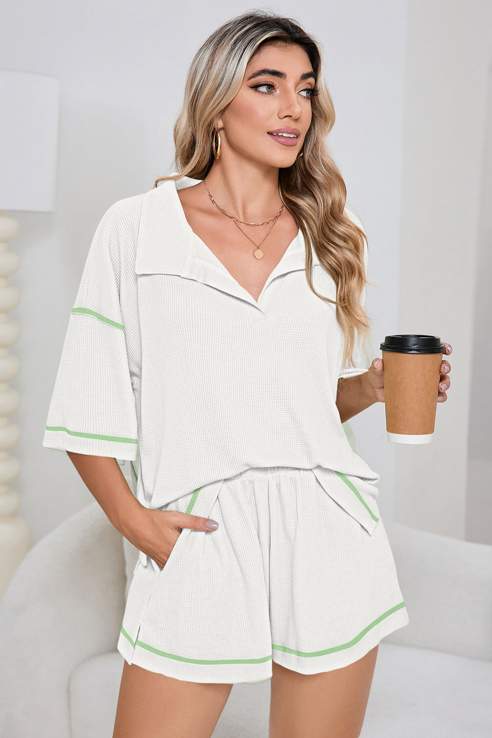 White Breathable Waffle Color Block Trim 2pcs Casual Short Set