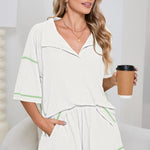 White Breathable Waffle Color Block Trim 2pcs Casual Short Set