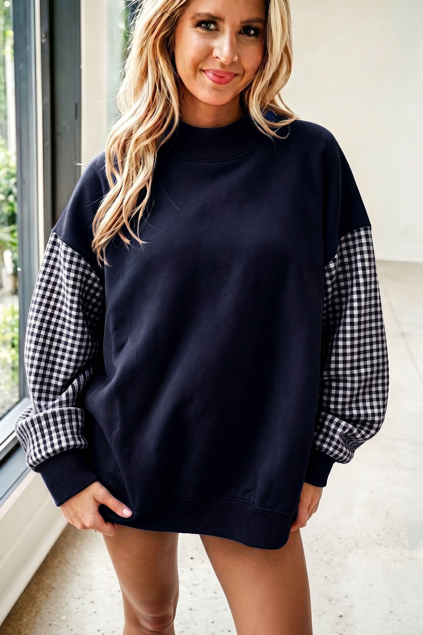 Navy Blue Plaid Sleeve Colorblock Loose Tunic Sweatshirt