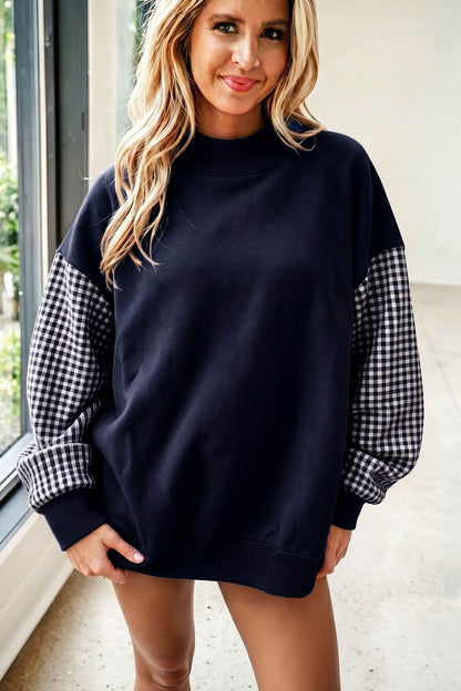 Navy Blue Plaid Sleeve Colorblock Loose Tunic Sweatshirt