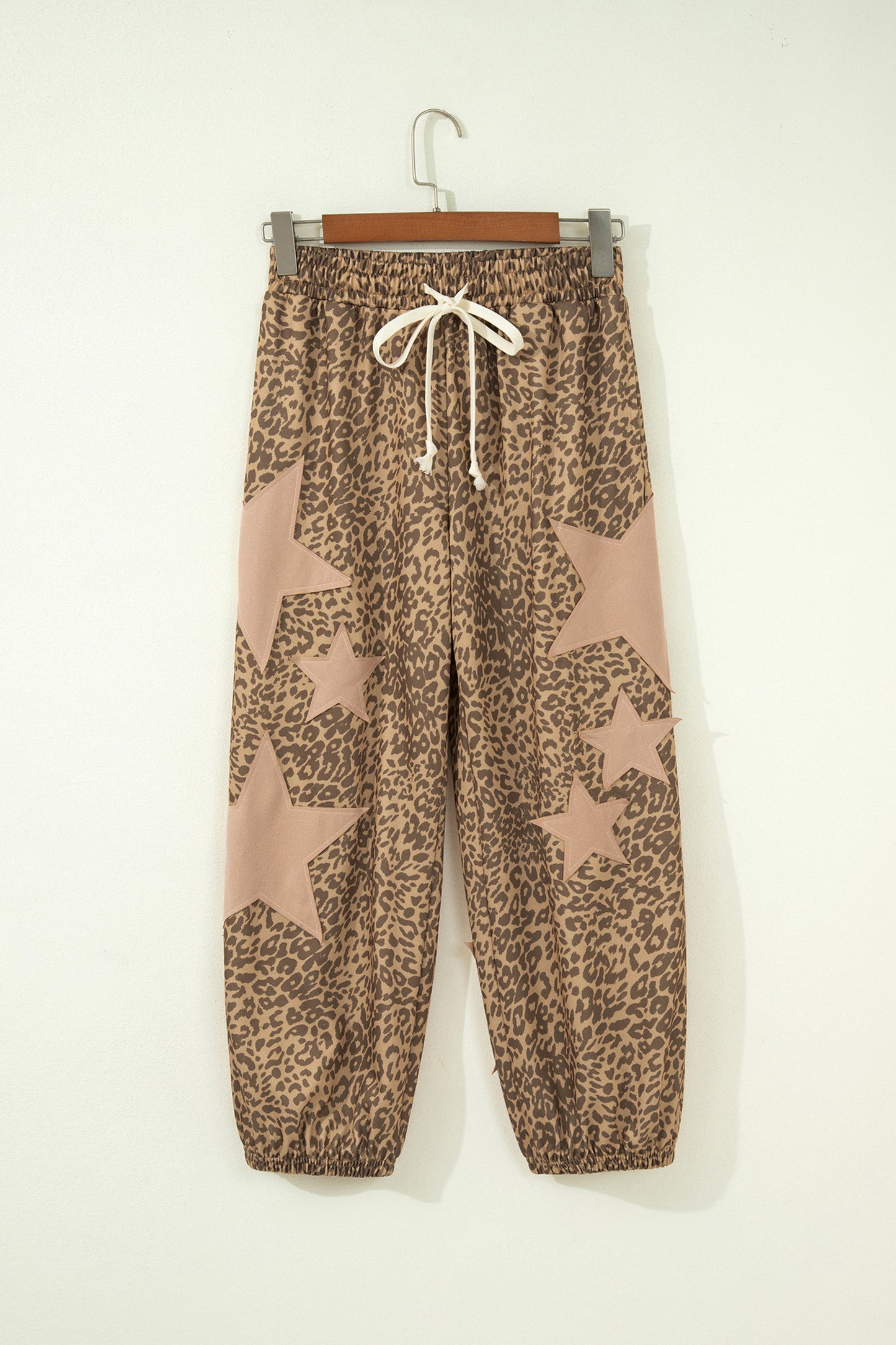 Khaki Leopard Print Star Patched Drawstring Elastic Waist Jogger Pants