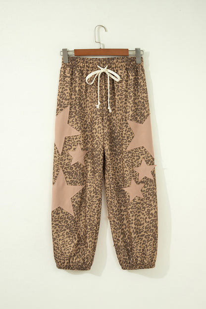 Khaki Leopard Print Star Patched Drawstring Elastic Waist Jogger Pants