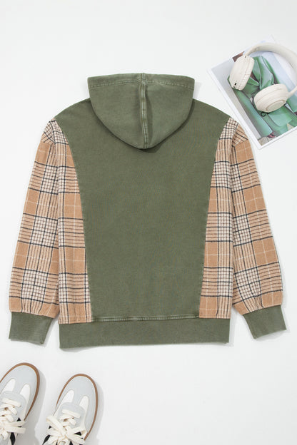 Moss Green Plaid Sleeve Drawstring Pocket Hooded Sweatshirt