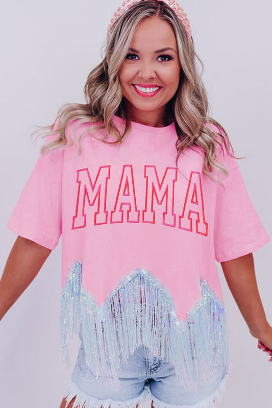 Pink MAMA Embroidered Sequin Tassel Patchwork T Shirt