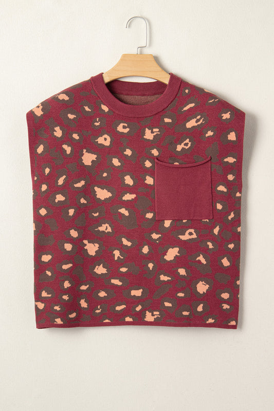 Red Leopard Print Cap Sleeve Knitted Top