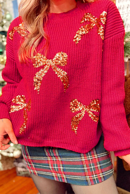 Fiery Red Sequin Bow Accent Drop Shoulder Festive Sweater