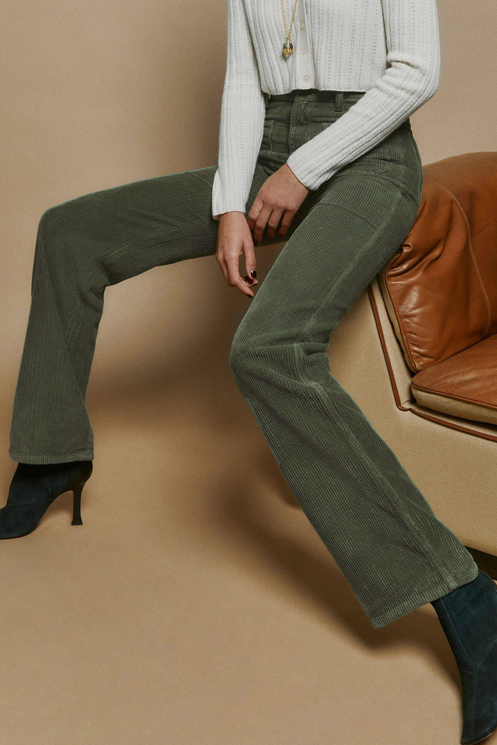 Green High Waist Square Pockets Corduroy Pants