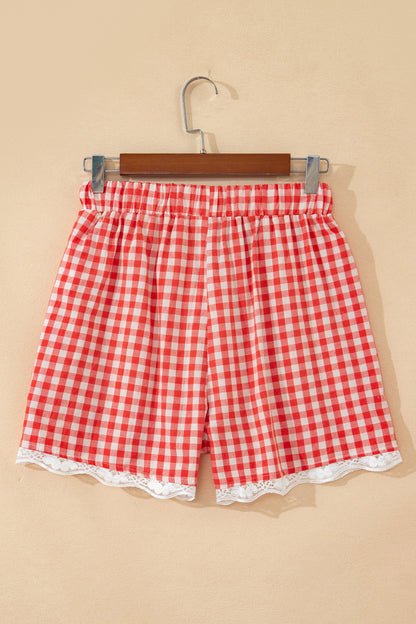 Red Gingham Plaid Tie Elastic Waist Lace Patchwork Hem Casual Shorts