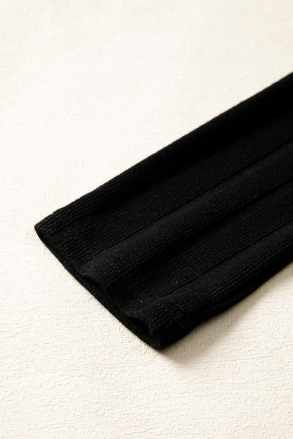 Black Frilled Neck Ribbed Knit Patchwork Long Sleeve Mini Dress