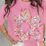Bright Pink Floral Patched Raw Seam Big Flower Oversize Tee