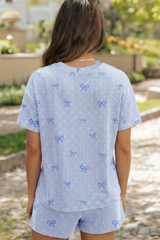Sky Blue Tiny Heart Bow Print Twisted Rib Loose 2pcs Short Set