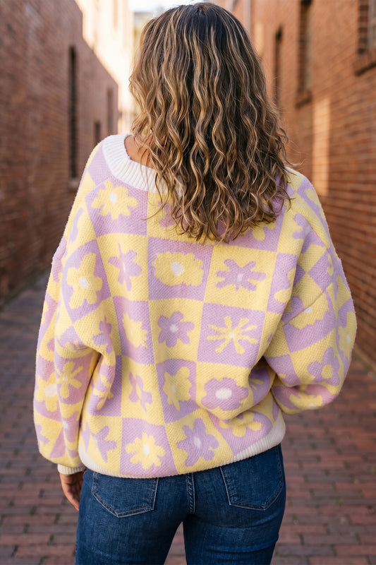 Multicolour V Neck Plaid Floral Long Sleeve Plus Size Sweater