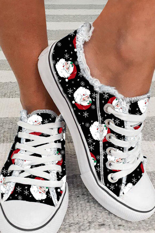 Black Santa Claus Snowflake Print Flat Canvas Shoes