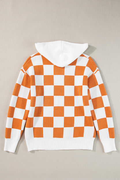 Pull à capuche à carreaux dorés, col fendu, poche kangourou contrastée