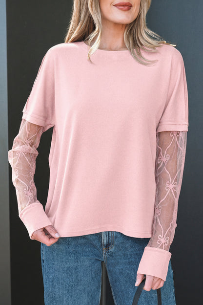 Light Pink Solid Color Bow Textured Patchwork Long Sleeve Tee