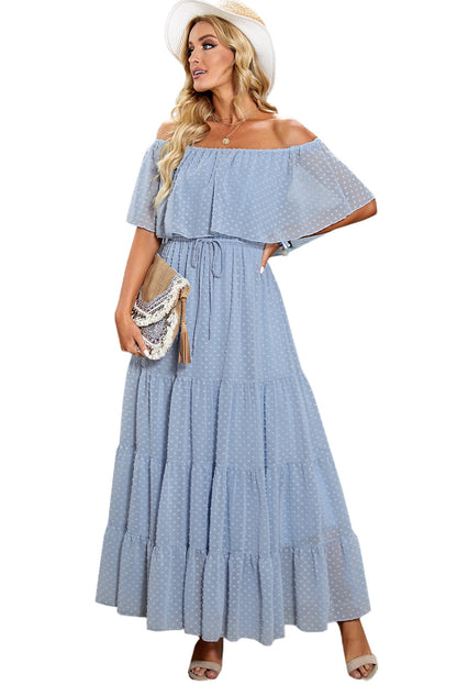 Yellow Yellow Off Shoulder Ruffle Swiss Dot Maxi Dress