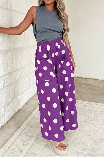 Purple Polka Dot Wide Leg Elastic Waist Casual Pants