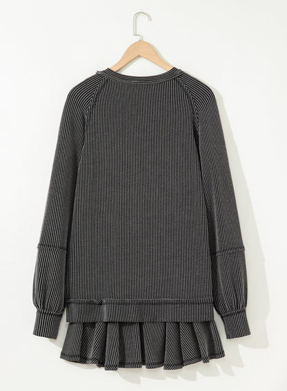 Dark Grey Corded Lantern Sleeve Top High Waist Ruffled Mini Skort Set
