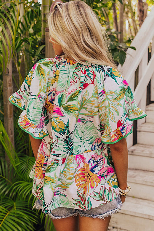 White Tropical Floral Print Ruffled Short Sleeve Blouse