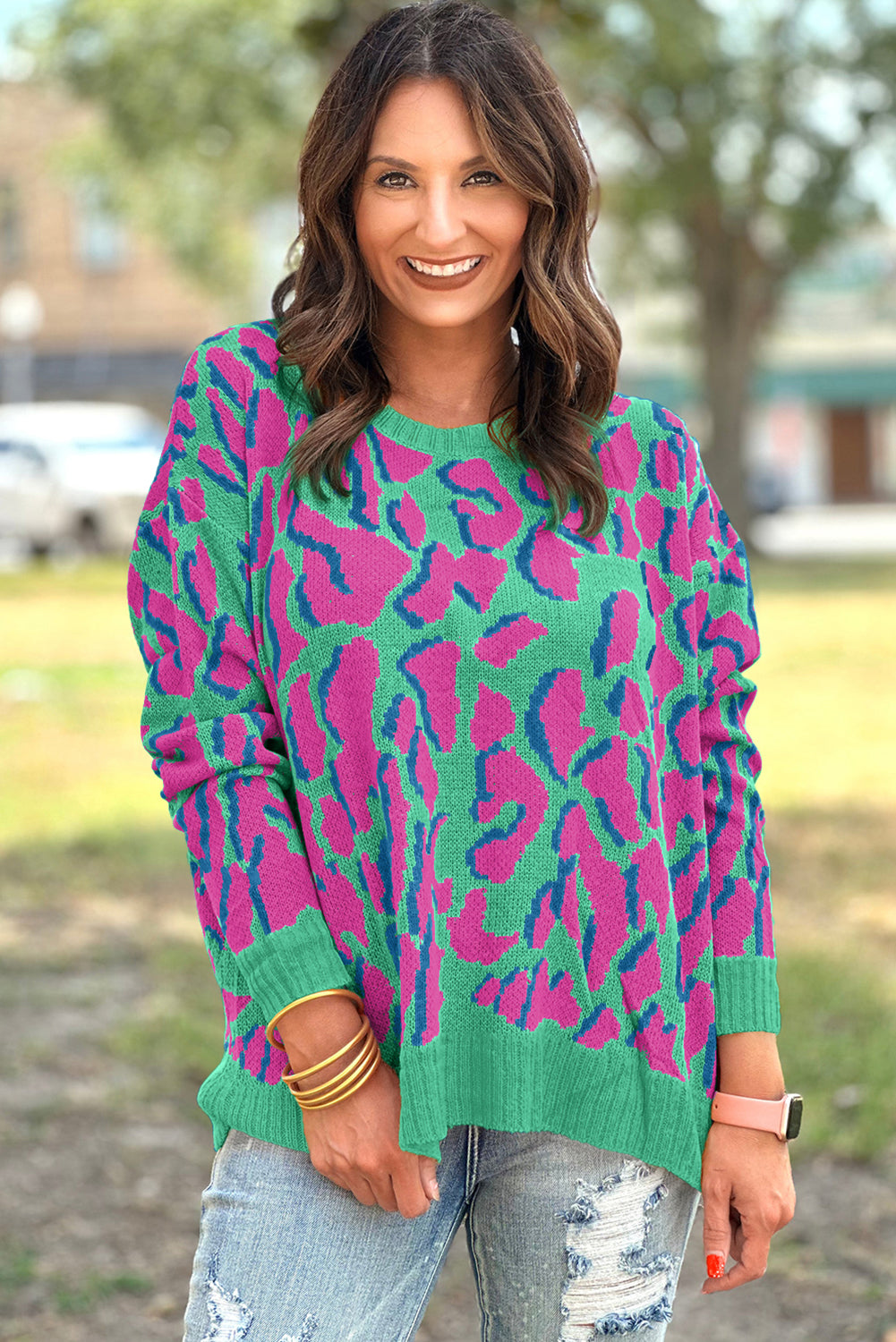Pull ample à imprimé abstrait vert et bordure côtelée