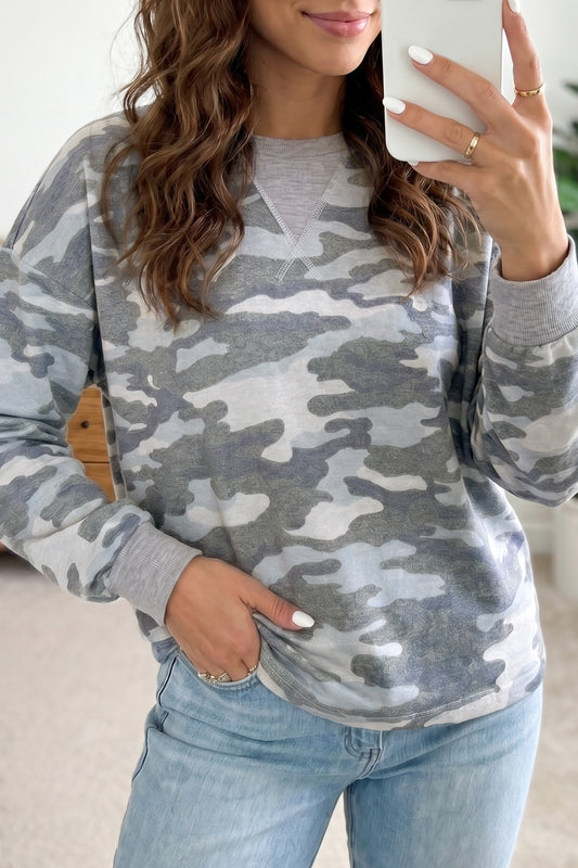 Multicolour Camouflage Long Sleeve Round Neck Shift Pullover Top