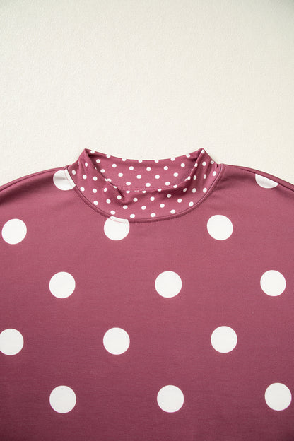Red Polka Dot Print Contrast Detail Oversized Tunic Sweatshirt