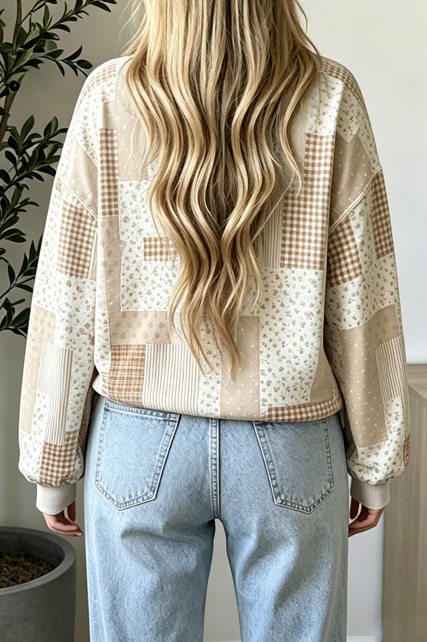 Khaki Patchwork Floral Print Mock Neck Long Sleeve Sweatshirt