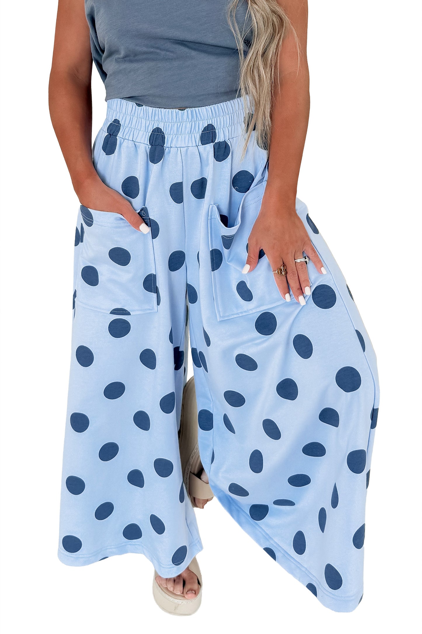 Sky Blue Polka Dot Wide Leg Elastic Waist Casual Pants
