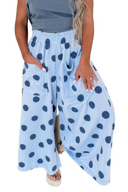 Sky Blue Polka Dot Wide Leg Elastic Waist Casual Pants