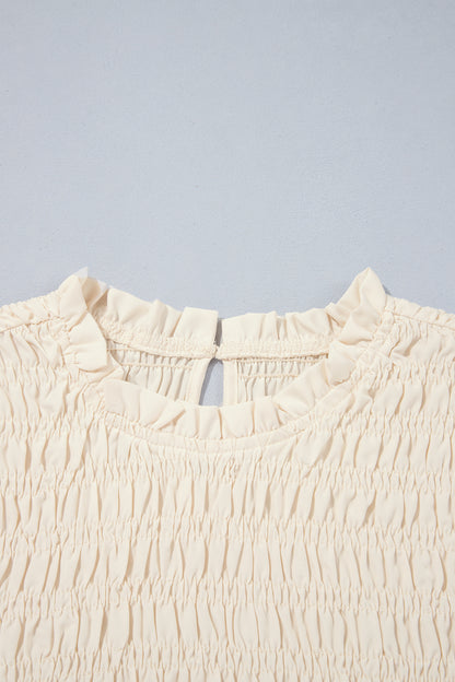Jet Stream Solid Color Smocked Ruffle Hem Long Sleeve Blouse
