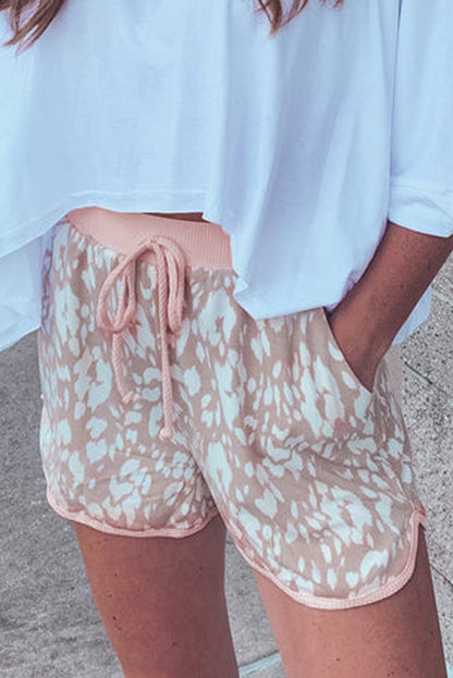 Khaki Classic Leopard Arched Hem Elastic Waistband Casual Shorts
