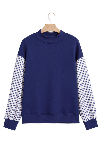 Dirty blue Plaid Sleeve Colorblock Loose Tunic Sweatshirt